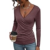 EasyGala Women's Long Sleeve Deep V Neck Tops Wrap Ruched Slim Fit Shirts Button Side Blouse Sexy Fall Outfits 2025