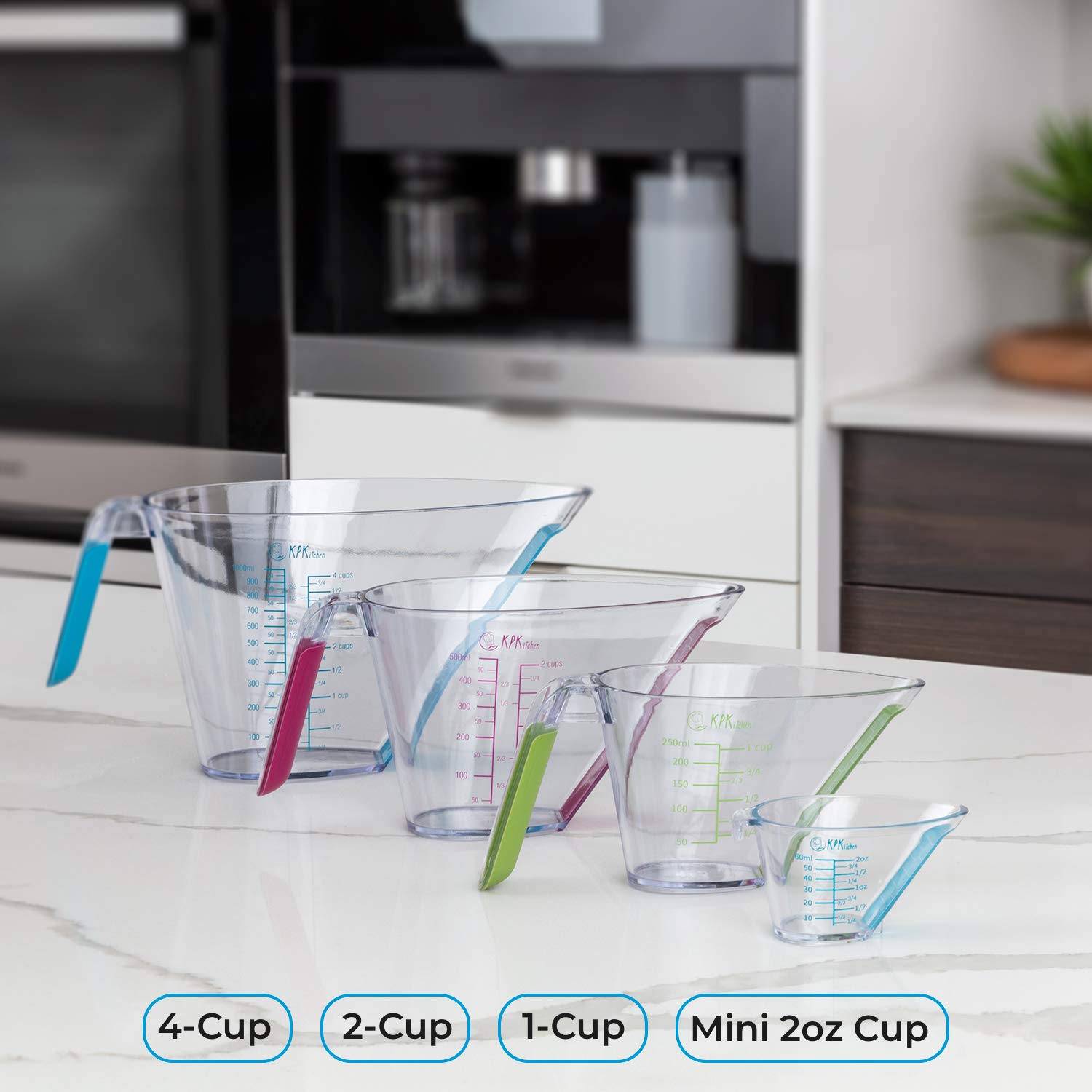 KPKitchen 4-Piece Angled Liquid Measuring Cups Plastic Set - BPA-Free Mini Oz, 1, 2 and 4 Plastic Measuring Cup Sizes - Measuring Cups For Liquids with ML & Cups Measures - Small & Large Measure Cup
