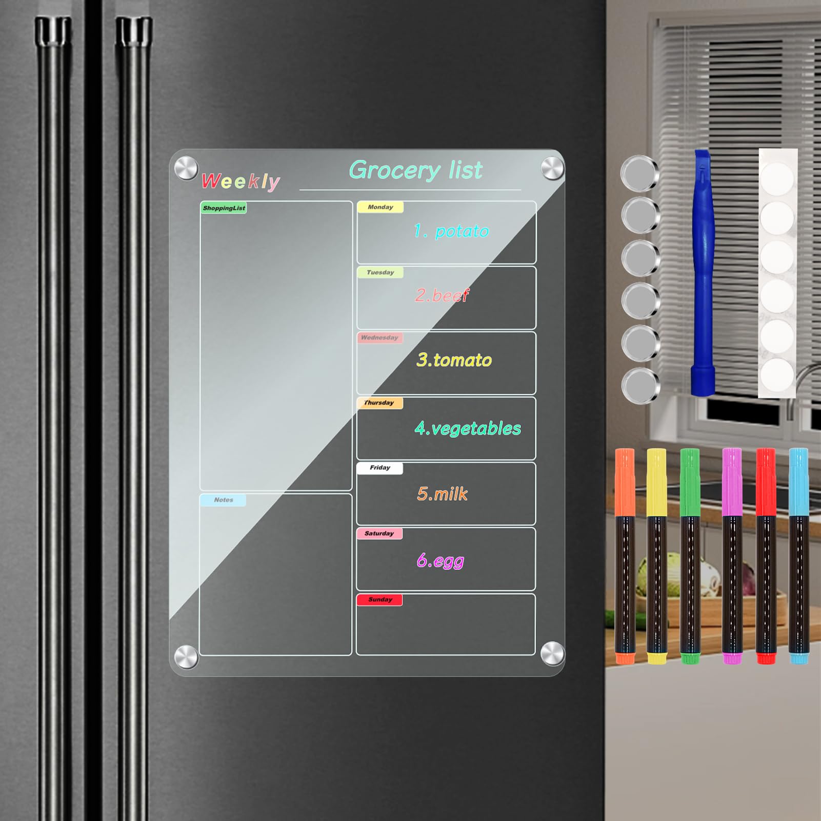 Ninyoon Weekly Calendar Meal Planner for Fridge, Magnetic Acrylic Fridge Menu Dry Erase Board with 6 Markers 6 Hanging Hardware 6 Gaskets - 1 Set (Clear - 11.8x15.7 - Weekly)