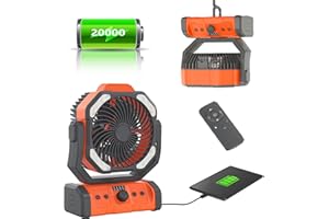 SmartTail Battery Powered Camping Fan with LED Lantern, 20000mAh Portable Travel Fan with Light and Hook, Adjustable Speed Remote Control Tent Fan USB Rechargeable for Camping Beach Fishing Orange