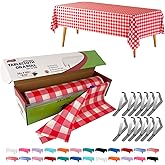 TRIMENGO 54in x 100Ft Red Gingham Plastic Table Cloth Roll with 12 Pcs Stainless Steel Clips, Disposable Table Cover Roll in A Cut-to-Size Box with Slide Cutter, Tablecloth for Parties, Birthdays