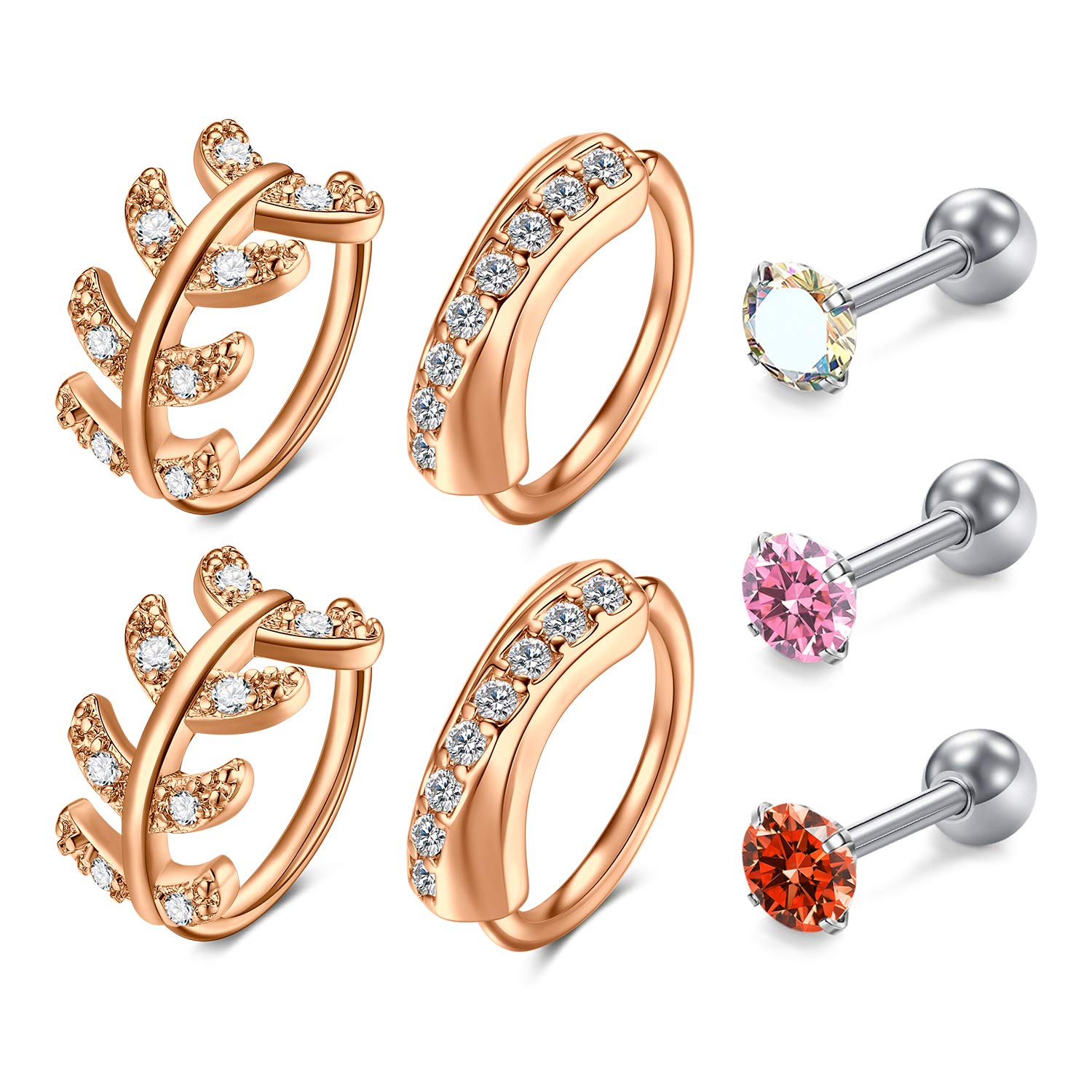 Mayhoop 7Pcs Stainless Steel Cartilage Helix Earrings for Men Women Helix Tragus Anti-Tragus CZ Barbell Conch Piercing Earrings Ear Hoop Earrings