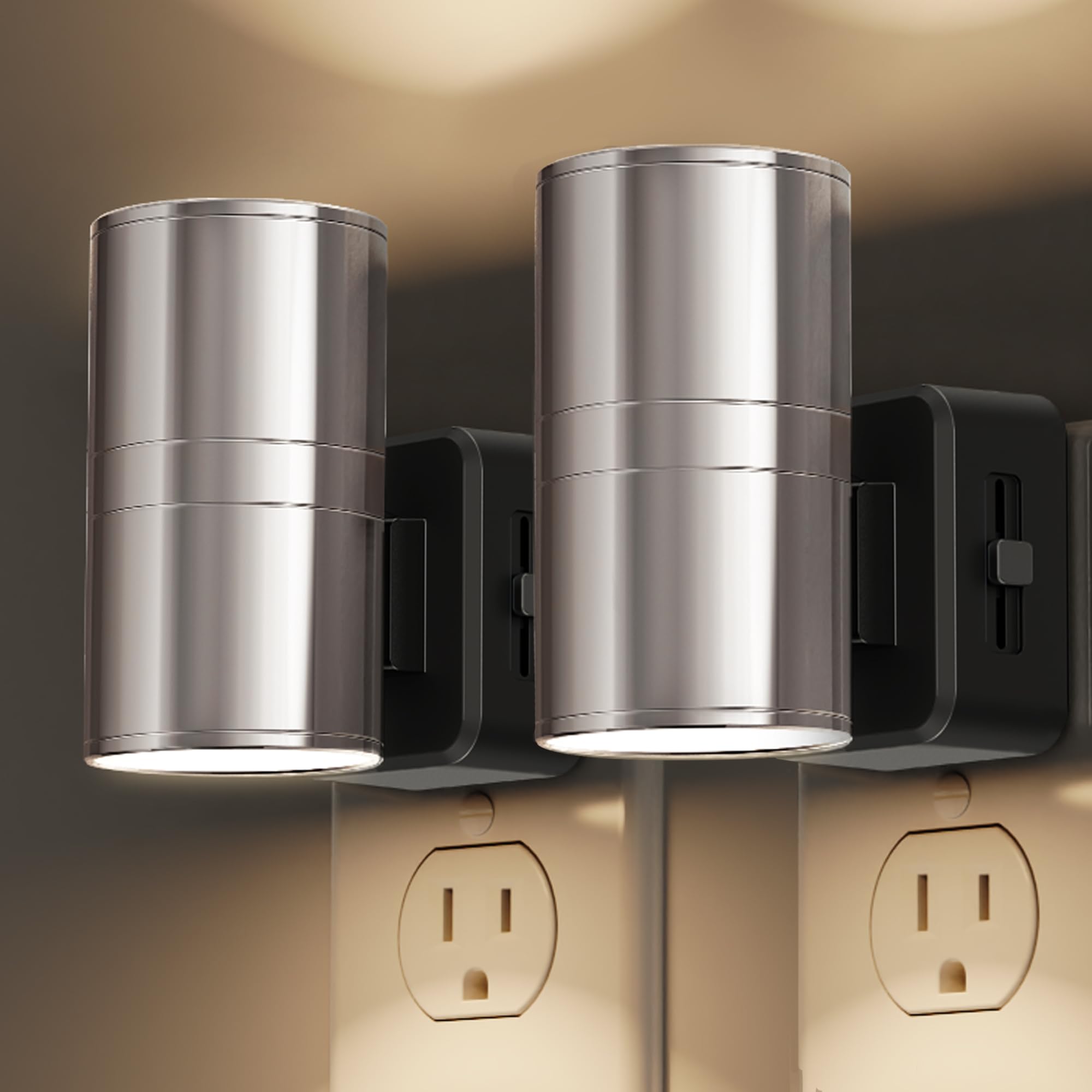 L LOHAS LED Night Light, Night Lights Plug into Wall, Smooth Silver Glossy Plating Metal-Shade Nightlights, Light Sensor, Soft White 3000K, Dimmable Nightlight Plug in for Hallway Bedroom,2 Pack Image