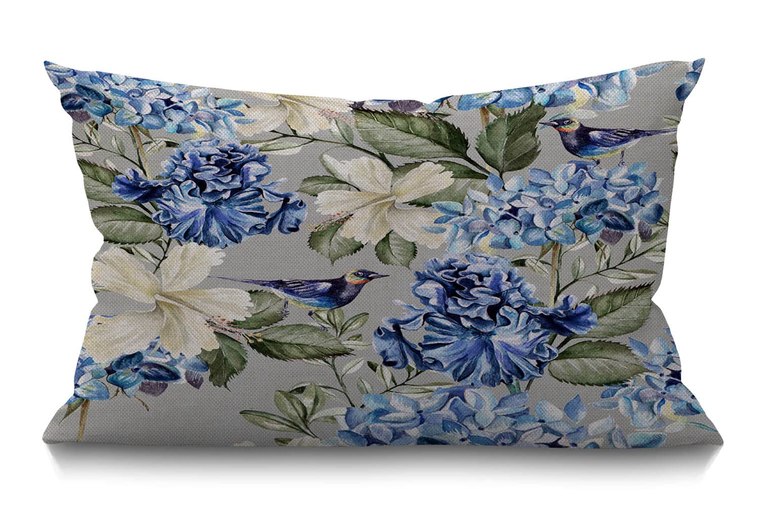 BGBDEIA Floral Cushion Cover 12x20 Inch Spring Plant Flowers Hydrangea Hibiscus Iris Bird Leaf Rectangle Pillow Cases Home Decorative Cotton Linen Throw Pillow Cover for Bed Sofa Blue Green 30x50 cm