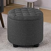 Furniliving 19 Inch Storage Round Ottoman, Footstools with Hidden Storage with Removable Lid, Stylish Button Tufted Design Ottoman Foot Stools for Living Room, Bedroom，Darkgrey