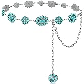 Xiokyo Turquoise Belt Silver Western Chain Belt, Cowgirl Concho Style with Turquoises Embellishment for Women