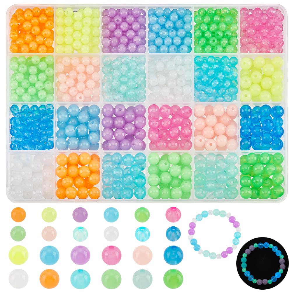PH PandaHall 1020Pcs 12 Colors Glow in the Dark Luminous Acrylic Beads Kit for Jewellery Making Bracelet Necklace Anklets Waist Chain Mural Decoration Hair Braiding