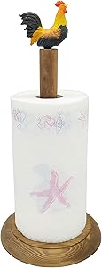 Owlgift Rooster Design Rustic Brown Wood Paper Towel Holder Stand Up Paper Towel Holder, Easy One-Handed Tear Kitchen Paper Towel Dispenser with Weighted Base for Standard Paper Towel Rolls
