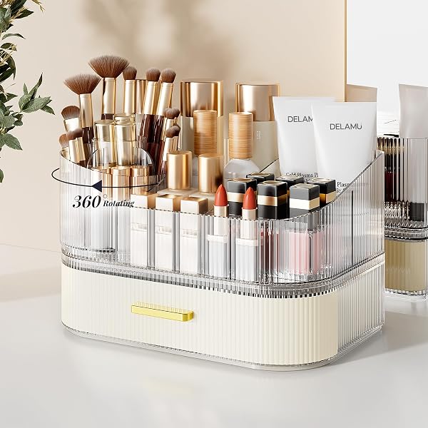 Artcochan Make-up-Organizer – 3-stöckig, Drehbar 360°, Mit Pinselhalter, Cremefarben Für Schminktisch