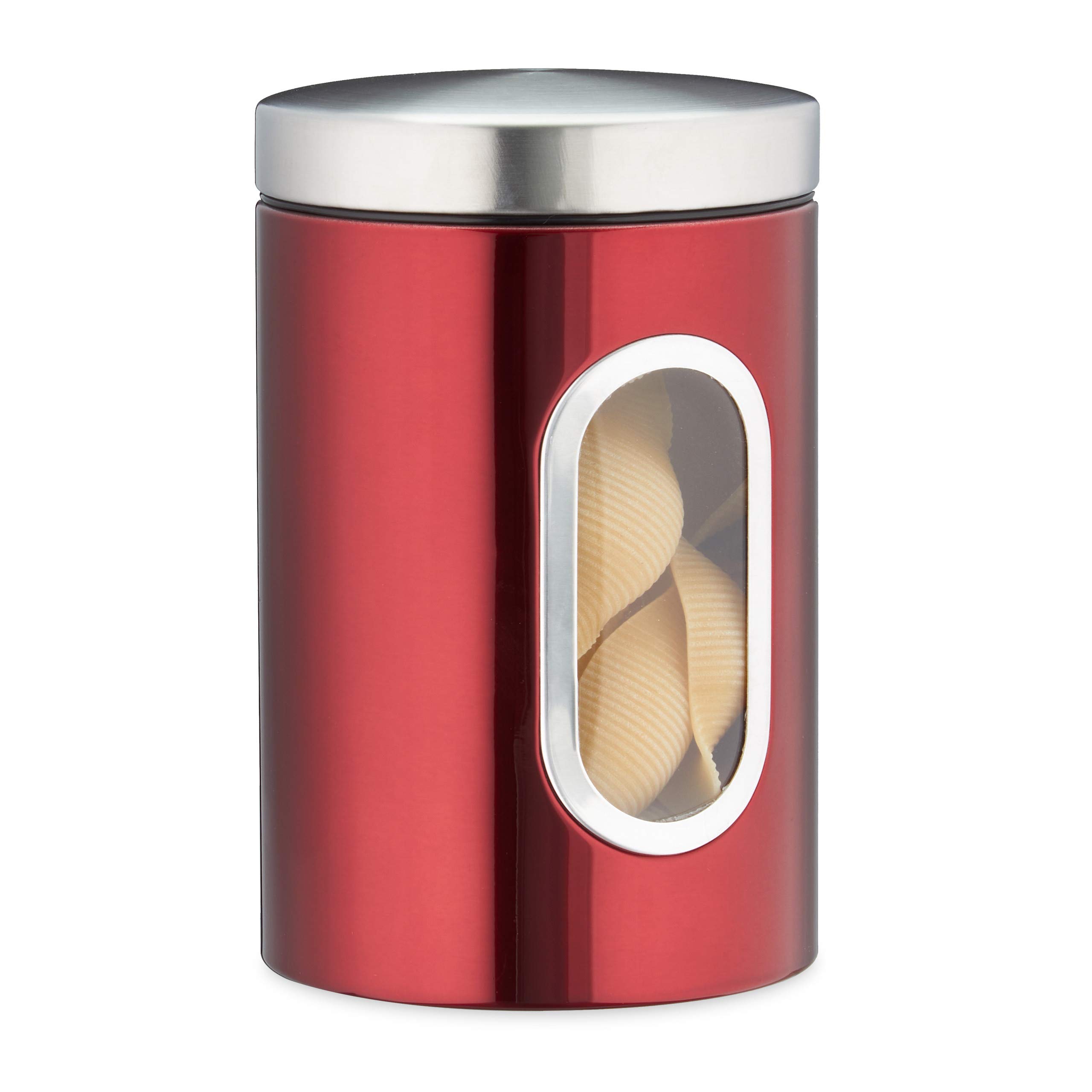 Relaxdays Storage Canister, Lid, Window, 1.4 L, for Coffee, Flour, Pasta, Kitchen Pantry Container, Jar, Metal, Red