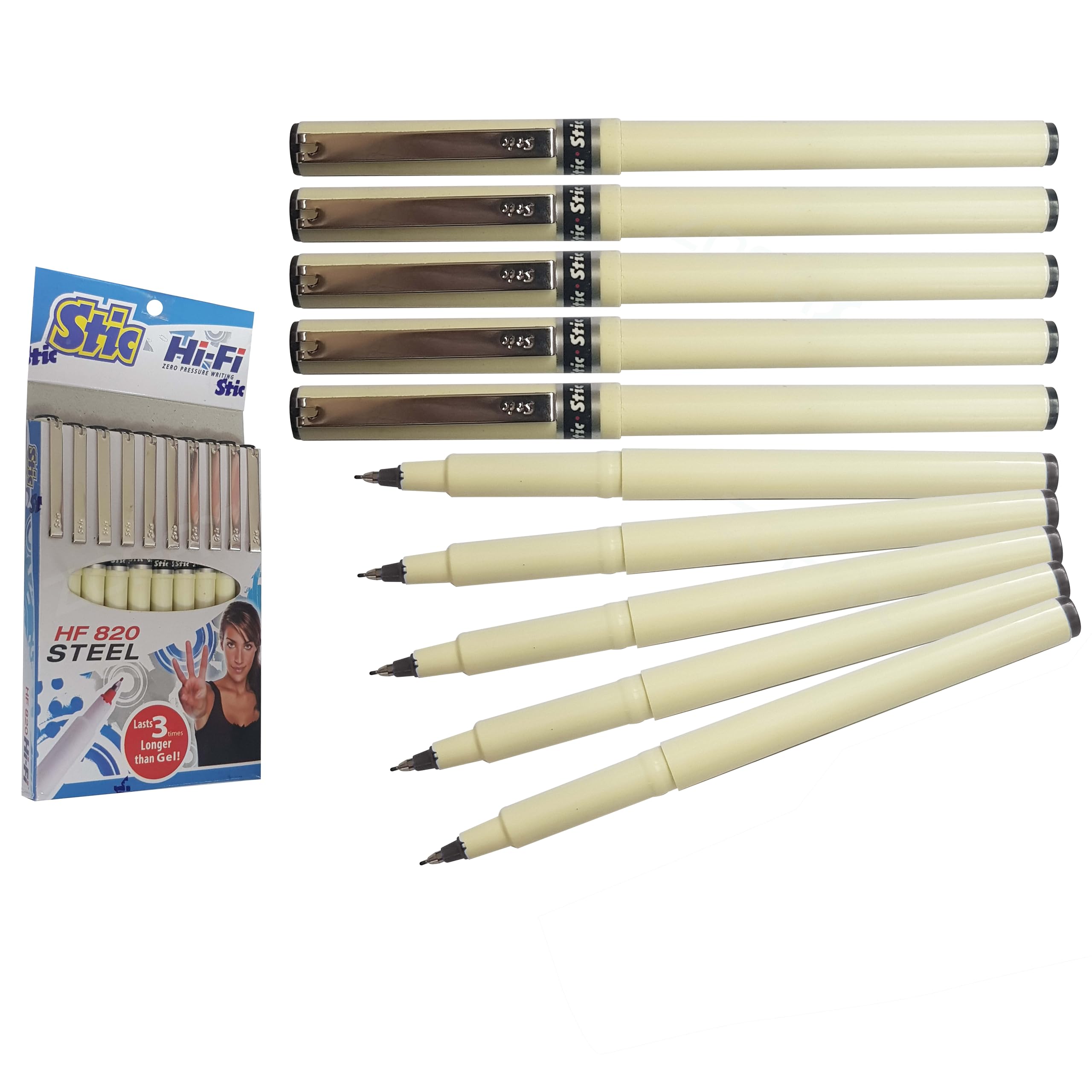 HF820 Fineliner Pens, BLACK, Fine Point (0.5mm), Pack of 10, Write Sign Draw Sketch Colour Mark Fine Line, School Office Home Use, iZOFAX Black Ball Pen