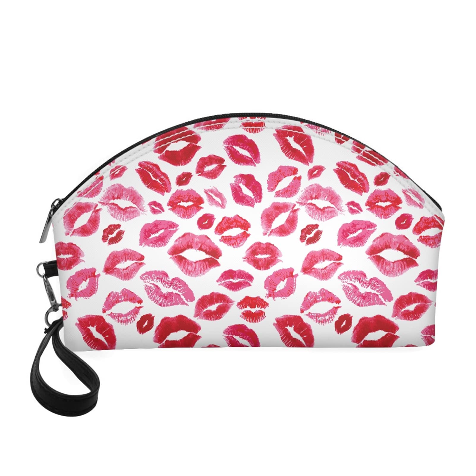 STUOARTE Makeup Bag for Girls, Red Lips Print Pu Leather Curved Cosmetic Bag, Waterproof Toiletry Bag Zipper Cash Coin Pouch
