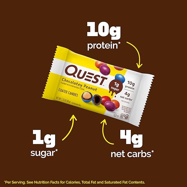 QUEST NUTRITION COATED CANDIES, CHOCOLATEY PEANUT, 1G SUGAR, 10G PROTEIN, 4G NET CARBS, GLUTEN FREE, KETO FRIENDLY, 12 COUNT