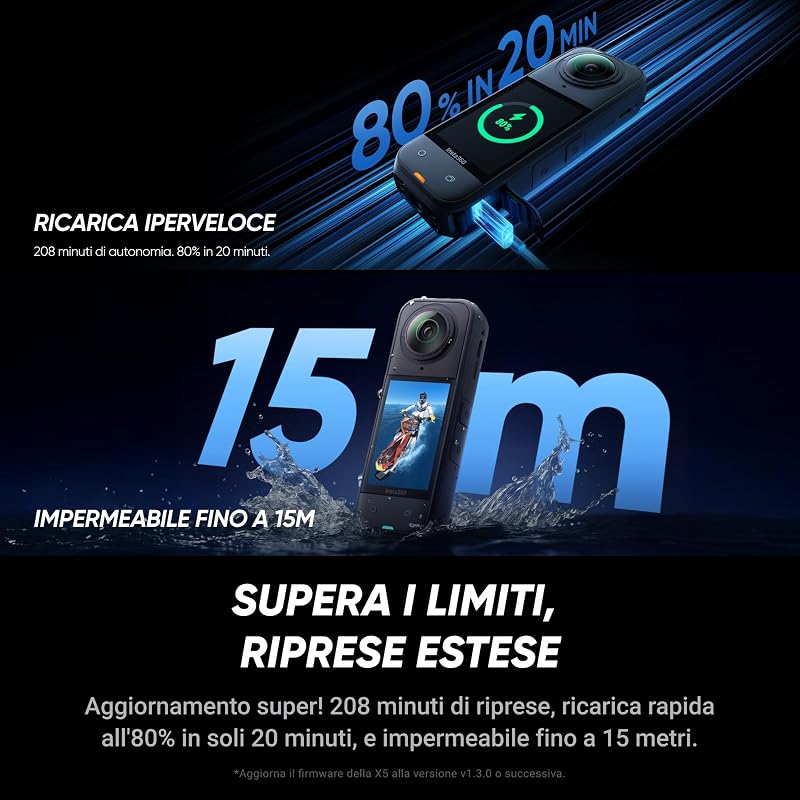 X5 - Action Cam Impermeabile 360° in 8K, Superba in Bassa Luce, Selfie Stick Invisibile, Obiettivi Sostituibili, Autonomia 3 ore, Cover Antivento, Stabilizzazione, Design con triplo Chip IA