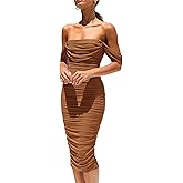 PRETTYGARDEN Summer Off The Shoulder Ruched Bodycon Dresses Sleeveless Sexy Party Club Midi Dress