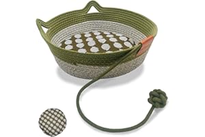 Panbo Hand Woven Cat Bed with Toy Tail, Kitten Shaped House Natural Cotton Linen Cat Scratch Pad, Breathable and Odorless Indoor Puppy Bed Mat - Green M with Cushion Pad