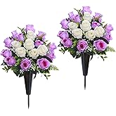 Lodou Set of 2 Artificial Cemetery Flowers, Memorial Flowers Bouquet,Grave Memorial Flowers with Vase for Cemetery Headstones Decoration (Purple White)