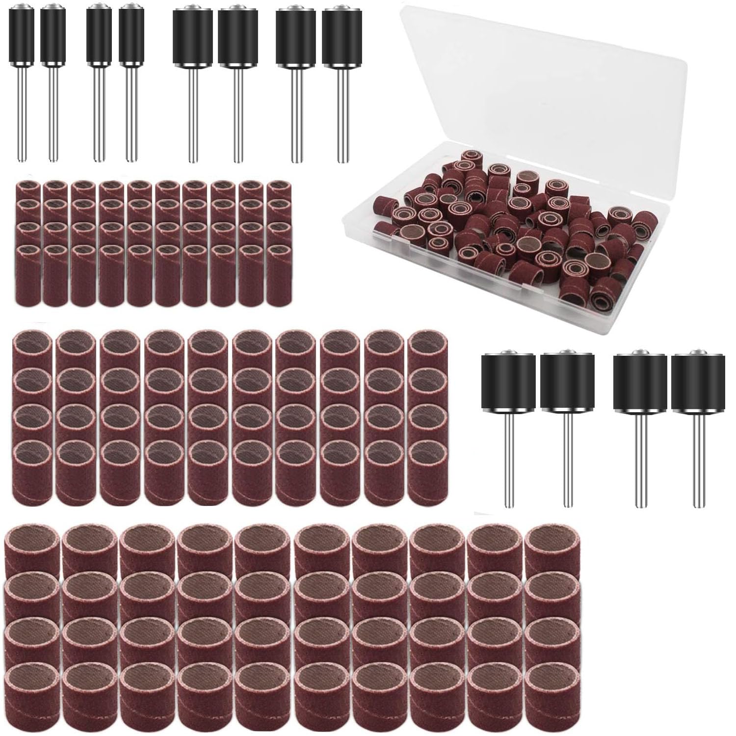 VISSQH 132 Pcs Sanding Drums Kit,for Dremel sanding accessories with 120 Pcs Sanding Band Sleeves and 12 Pcs Drum Mandrels,for wood, DIY sanding attachments