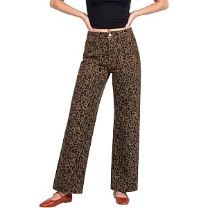 luvamia Womens High Waisted Wide Leg Leopard Pants Cheetah Print Jeans | Modern figure flattering wide leg silhouette, bold a