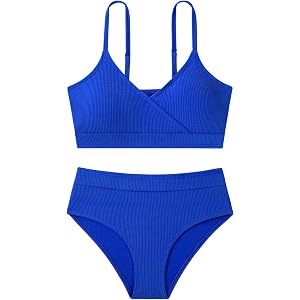 URMAGIC Girls Ribbed Bikini Set V Neck Two Piece Swimsuits Bathing Suits | Adjustable,Teen Girl 9-18,with Chest Pad,quick dry