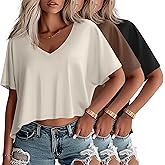 Huukeay 3 Pack Oversized T Shirts for Women Short Sleeve Crop Tops V Neck Irregular Hem Baggy Cropped Tees