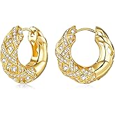 18K Gold Plated Chunky Curve Twisted Open Hoop Statement Stud Earrings with CZ for Women by SNGIA, Large Handmade Spiral Texture Braided Formal Trendy Hoop Jewelry Gifts, Big Circle Geometric Shell Beachy Vacation Fashion Hanging Earrings Accessories, Vintage Retro Thick Bohemian Nickle Free Circular Sun Dangle Earrings.
