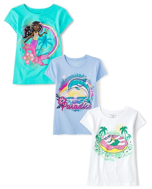 The Children's Place,Girls,Assorted Everyday Short Sleeve Graphic T-Shirts,Multipacks,Mermaid/Cat Donut/Dolphin 3-Pack,X-Large