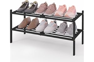 Smiry Bamboo Shoe Rack, 2-Tier Free Standing Stackable Organizer for Entryway & Closet, Black Bamboo Shelf for Shoes, Bags & 