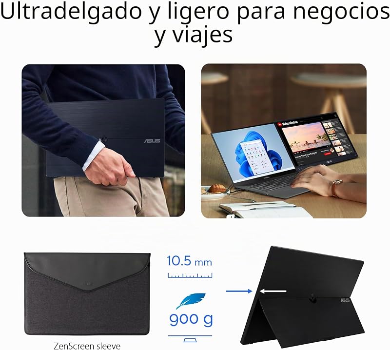 ZenScreen MB16ACV - Monitor portátil USB, 15,6", Full HD (IPS, Conectividad híbrida, USB de Tipo C, Antiparpadeo, Luz Azul de Baja Intensidad, Tratamiento Antibacteriano), 250cd/m², Negro