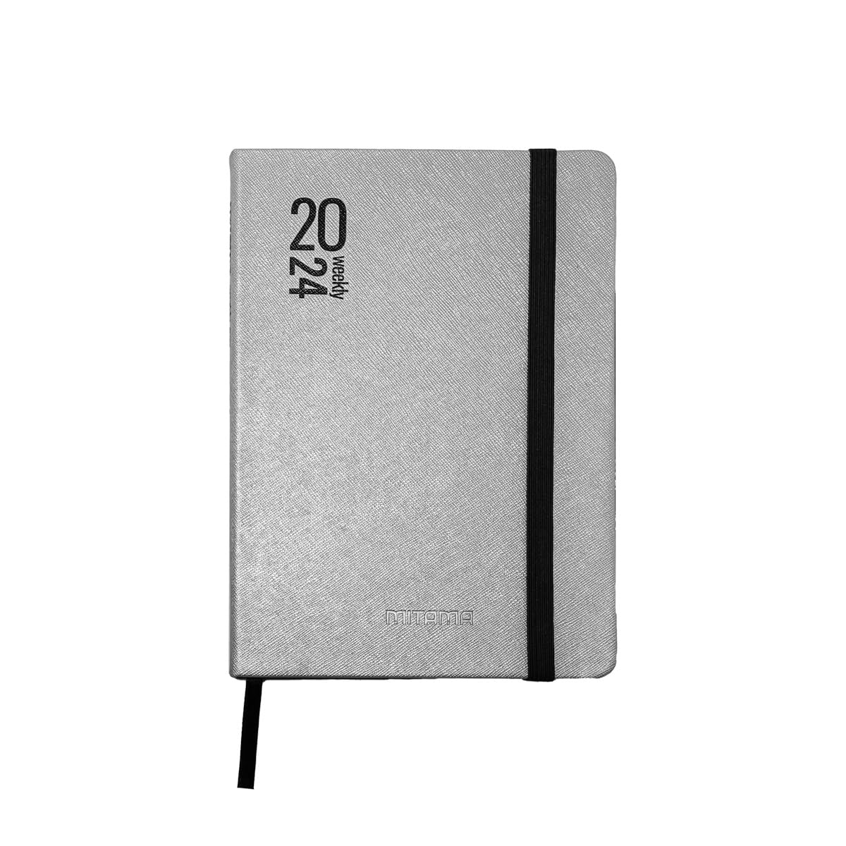 MITAMA Silver Black Weekly Planner - 18 Months September 2023 - February 2025-158 Pages + 50 Extra Contents - Inner Pocket + Matching Pencil - 15 x 21 cm