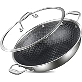 DELARLO Tri-Ply Stainless Steel Wok 13in Nonstick Deep Wok Pan with Lid,Stir-Fry Pans,5.5QT Cooking Pot induction Large woks,Compatible with All Cooktops Up to 550°F(Double Handle)