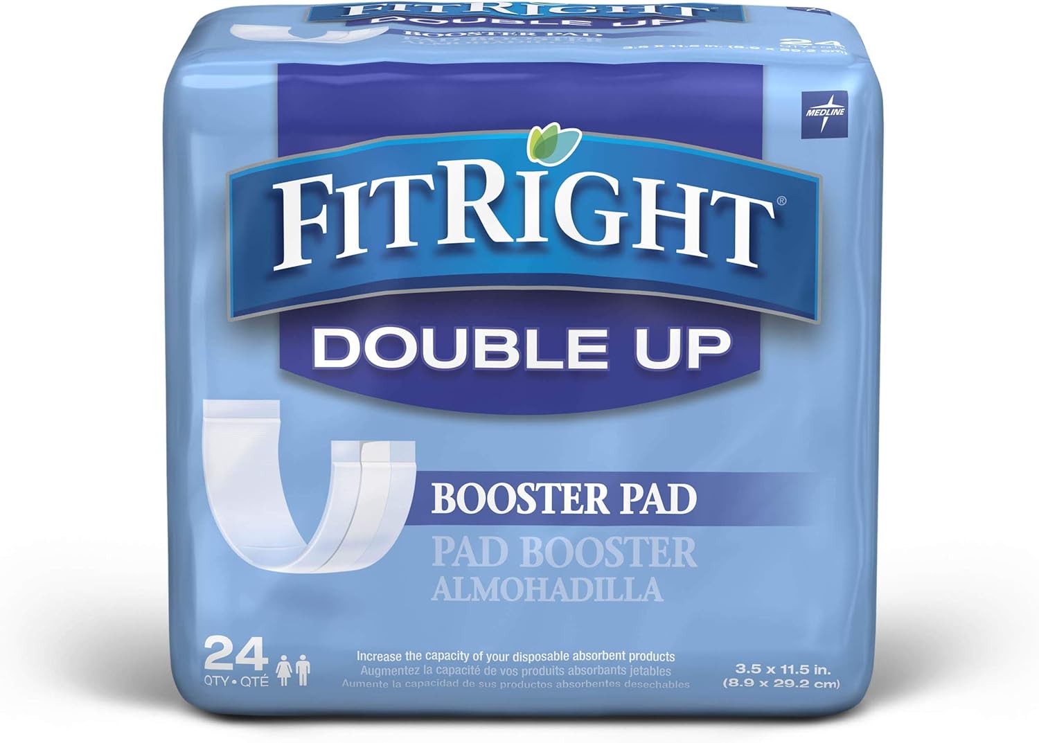 FitRight Double Up Incontinence Liners, Booster Pads with Adhesive, 3.5”x11.5”, 24 per bag (192 pack)