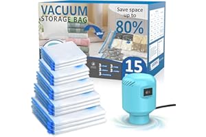 kissleaf Vacuum Storage Bags for Travel with Electric Air Pump,15 Pack(3 Jumbo,3 Large,3 Medium,3 Small,3 Roll Up Bags) Double Zip Seal Space Saver Bag for Comforters,Clothes,Mattress,Blanket, Duvets