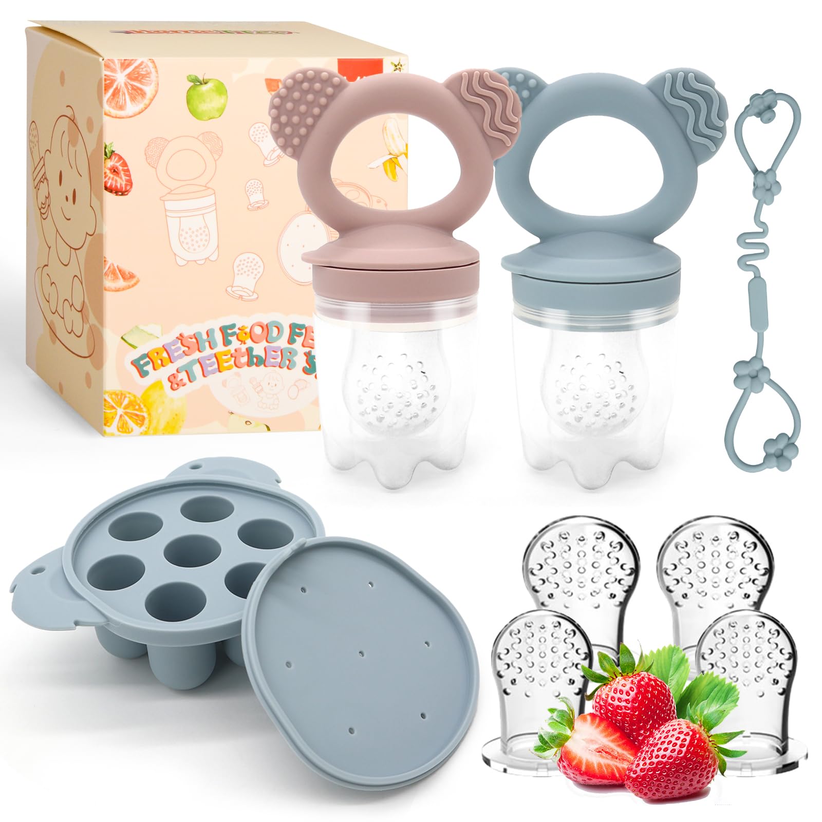 Photo 1 of 2 Pack Silicone Baby Food Feeders + Mini Freezer Tray for 6 Months+ Infant Solid Food Safe Self Feeding, BPA Free Breastmilk Popsicle Teether Set for Soothe Teething, Christmas Idea Gift (Blue+Pink)