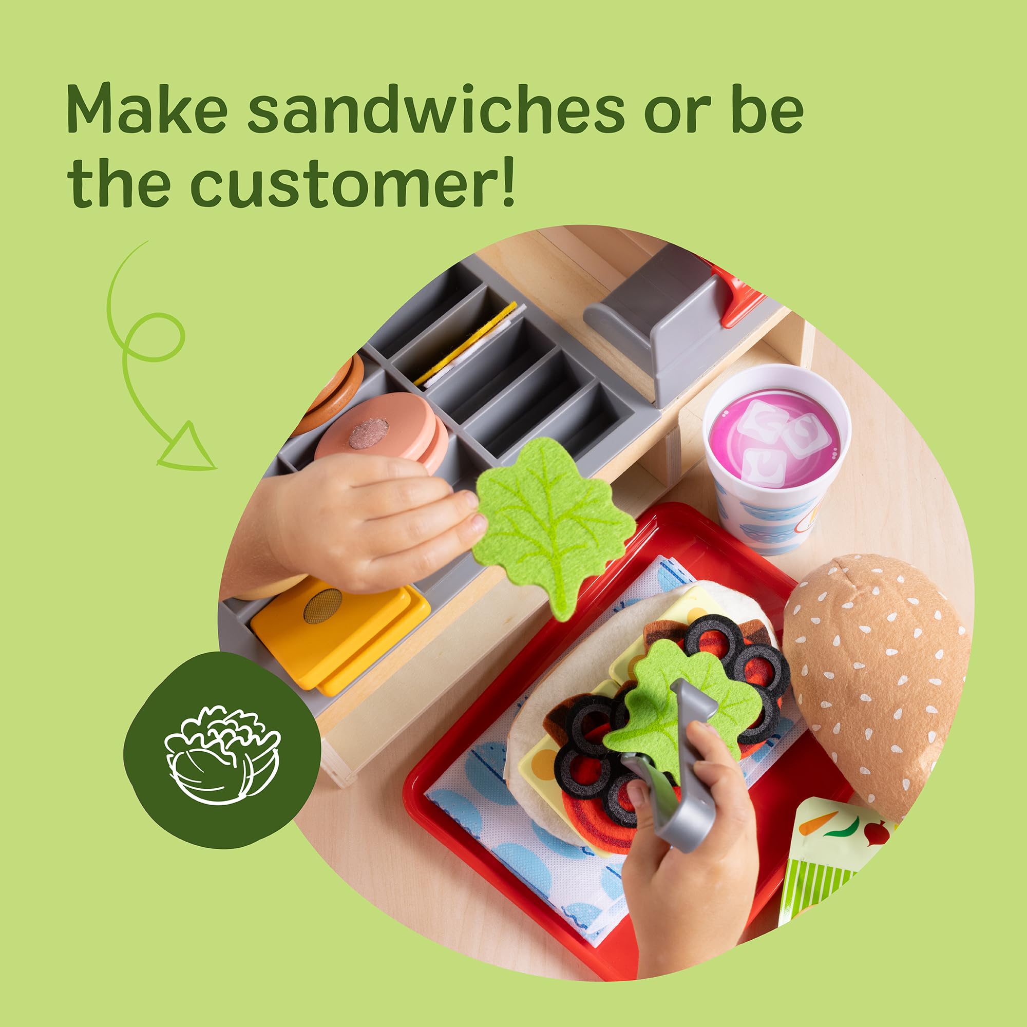 Melissa & Doug Slice-Stack-Serve, Wooden Sandwich Counter Pretend Play Store with Play Food Toys, Play Money & Deli Slicer, Preschool Toys for Kids 3+