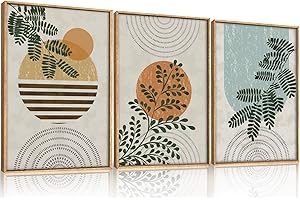 Celestdeco Boho Canvas Wall Art Set Framed, Sage Green Bohemian Wall Decor, Neutral Botanical Art Print, Mid Century Modern G