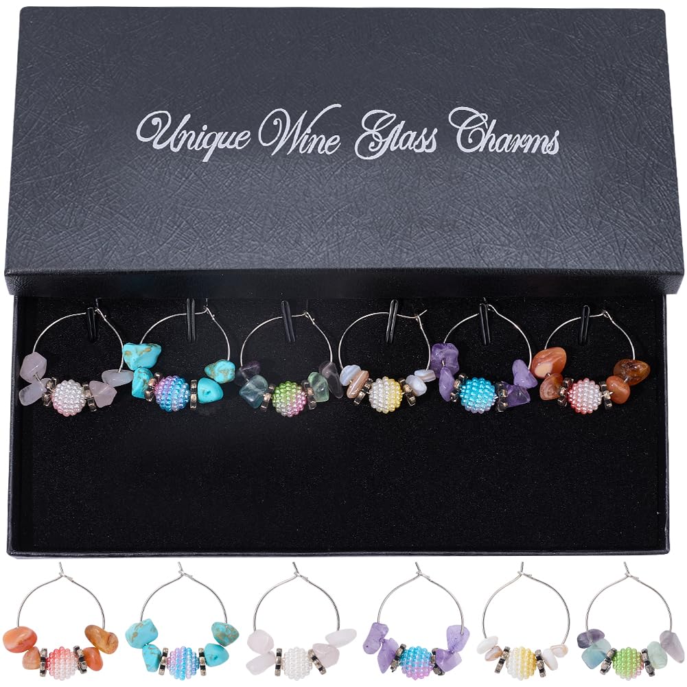 SUNNYCLUE 1 Box 6pcs Cute Wine Glass Charms Wine Glass Decorations Gemstone Shell Wine Glasses Charms Tag Identifiers with Brass Ring for Bracelets Wedding Stem Glasses Tasting Party Women Christmas