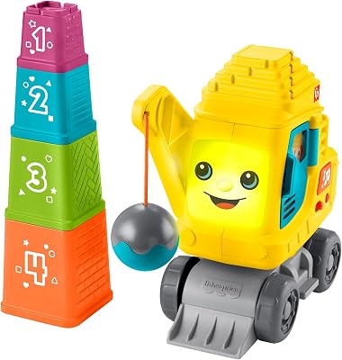 Crane Conta e Empilha Brinquedo com Luzes e Sons para Aprender a Contar com Blocos de Empilhamento com Números, Bebé +9 Meses, Versão: Inglês, Reino Unido; Francês; Alemão, HXF48