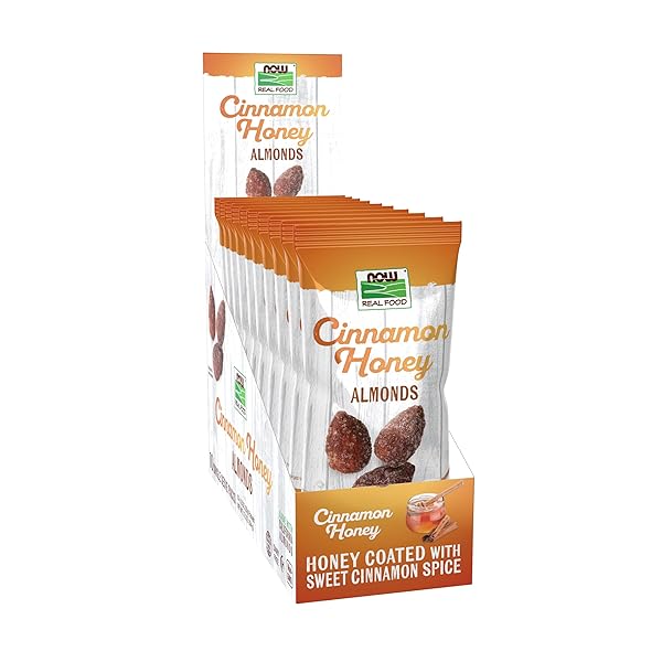 NOW FOODS, CINNAMON HONEY COATED ALMONDS, CRAFTED IN SMALL BATCHES, 10 SINGLE PACKETS