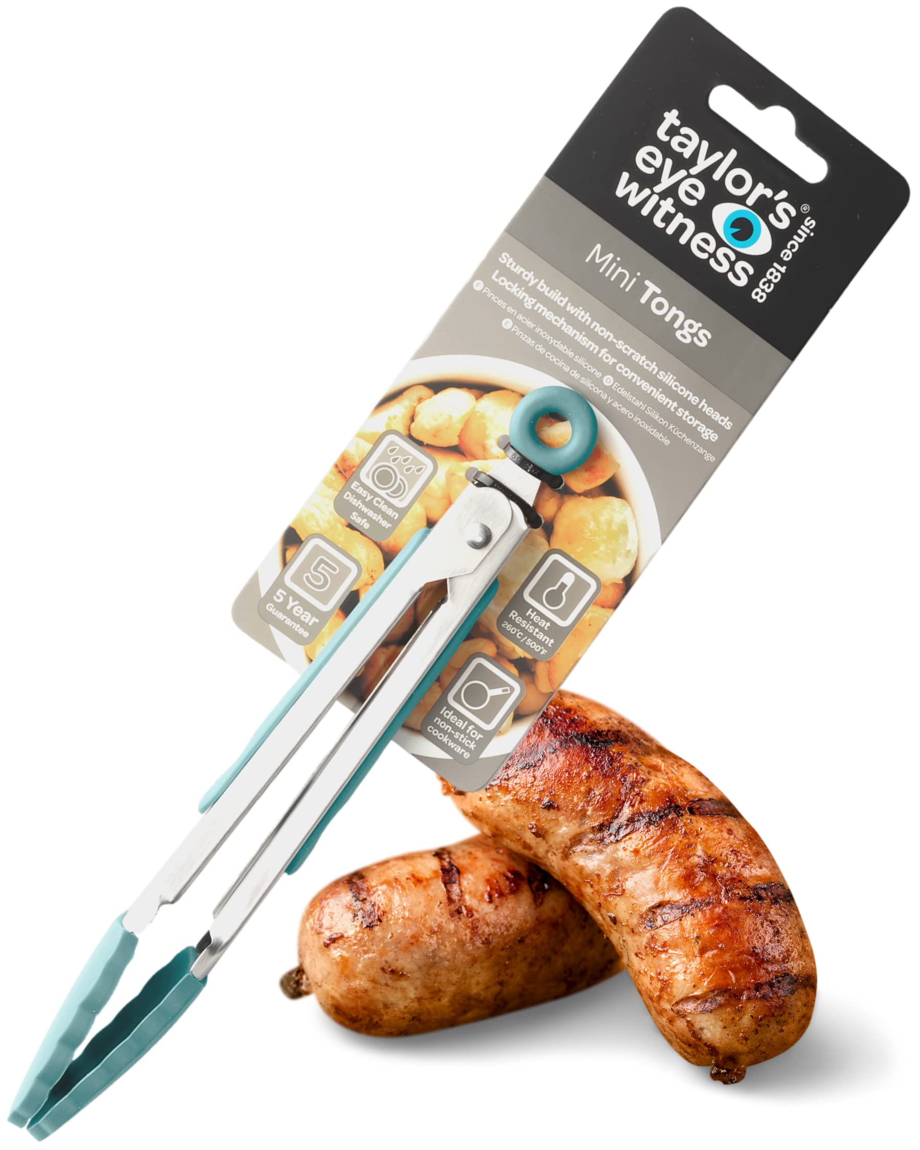 Taylors Eye Witness Small Steel Blue Silicone Tongs - Dishwasher Safe. Sturdy Build, Non-Scratch Heads and Convenient Locking Mechanism. Odour, Stain & Heat Resistant (260°C/500°F). 5 Year Guarantee