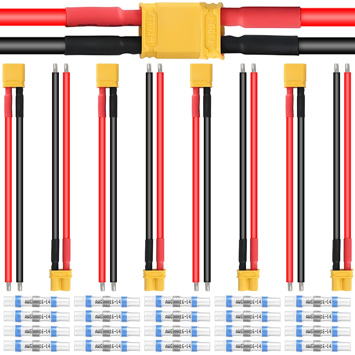 ZHUROUPU 5Pairs XT30U Extension Cable Male Female Plug Connector with 10cm/3.9inch 16AWG Cable, XT30U PA66 Adapter with Silicone Cable with Heat Shrink Tube for RC Lipo Battery FPV Drone Car Boat