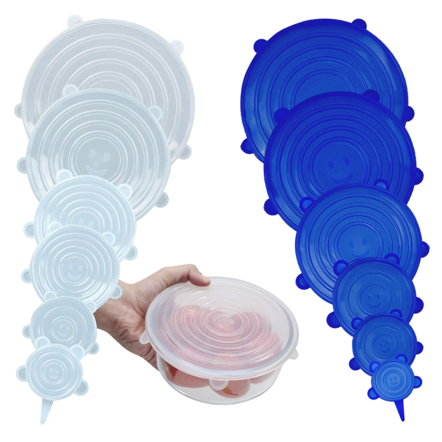 LAKEDO Silicone Stretch Lids – 12 Pack Bowl & Cup Covers, Microwave Can & Tin Lids – Round Shaped, White & Blue Color, 6 Sizes