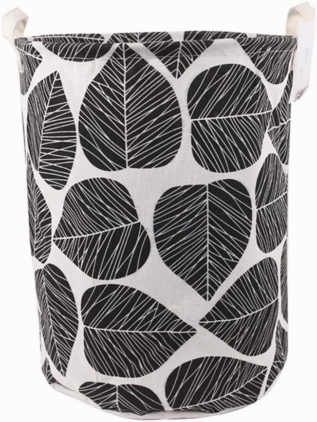TIBAOLOVER 19.7" Large Sized Waterproof Foldable Canvas Laundry Hamper Bucket with Handles for Storage Bin,Kids Room,Home Organizer,Nursery Storage,Baby Hamper with Stylish Leaf Design(Black)