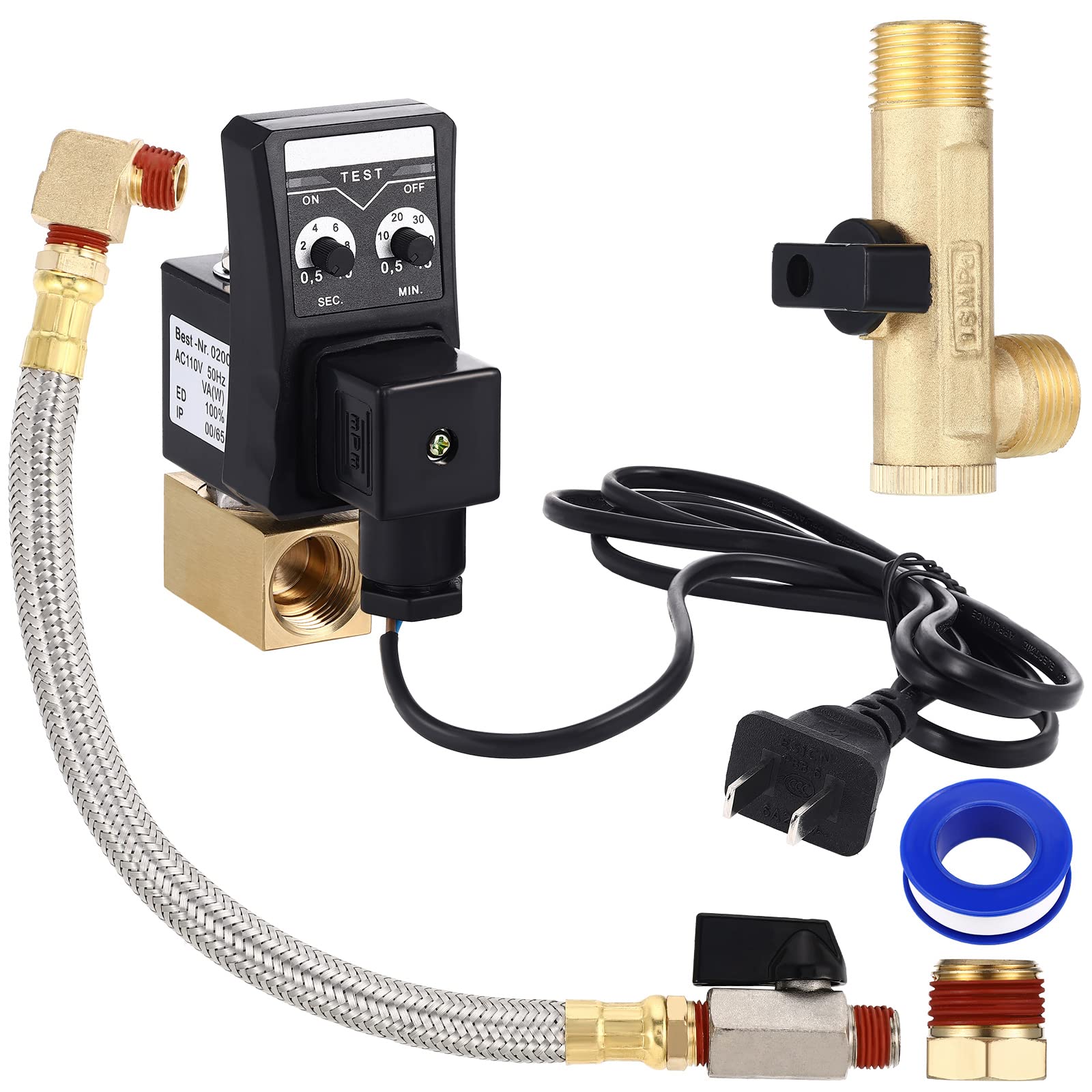 Photo 1 of Bonuci Electronic Drain Valve for Air Compressor Ac 110v 1/2" Automatic Timed Water Tank with Braided Steel Hose 1/4 Inch Npt Tank Drain Valve Assembly Kit Elbow Fitting