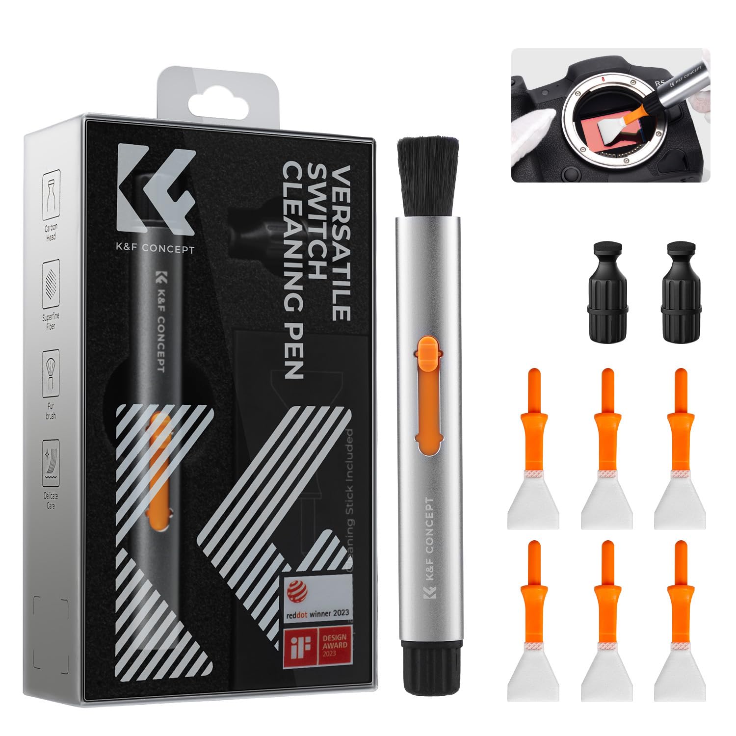 K&F CONCEPT 9-1 Multifunctional Lens Cleaning Pen, Replaceable Pen Tip with Cleaning Brush+Carbon Tip*2+16mm APS-C Cleaning Swab*6 for Camera Filters Telescope Drone AR VR Tablet — image 1