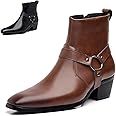 Men's Leather Chunky Heel Dress Chelsea Boots with Belt Buckle Fashion Classic Cap Toe Side Zipper Block High Heels High Top Formal Oxford Shoes Casual Business Chukka Booties
