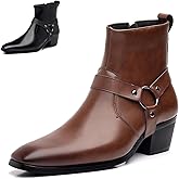 Men's Leather Chunky Heel Dress Chelsea Boots with Belt Buckle Fashion Classic Cap Toe Side Zipper Block High Heels High Top Formal Oxford Shoes Casual Business Chukka Booties