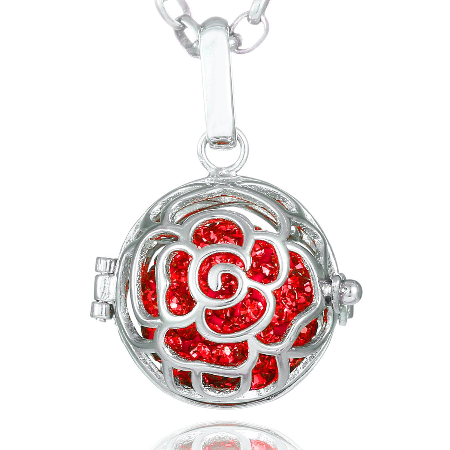 Morella Women Necklace Stainless Steel 70 cm 27,5" with Rose Flower Pendant with Sound Ball Zirconia Red Ø 16 mm 0,63" in a Velvet Jewelry Bag