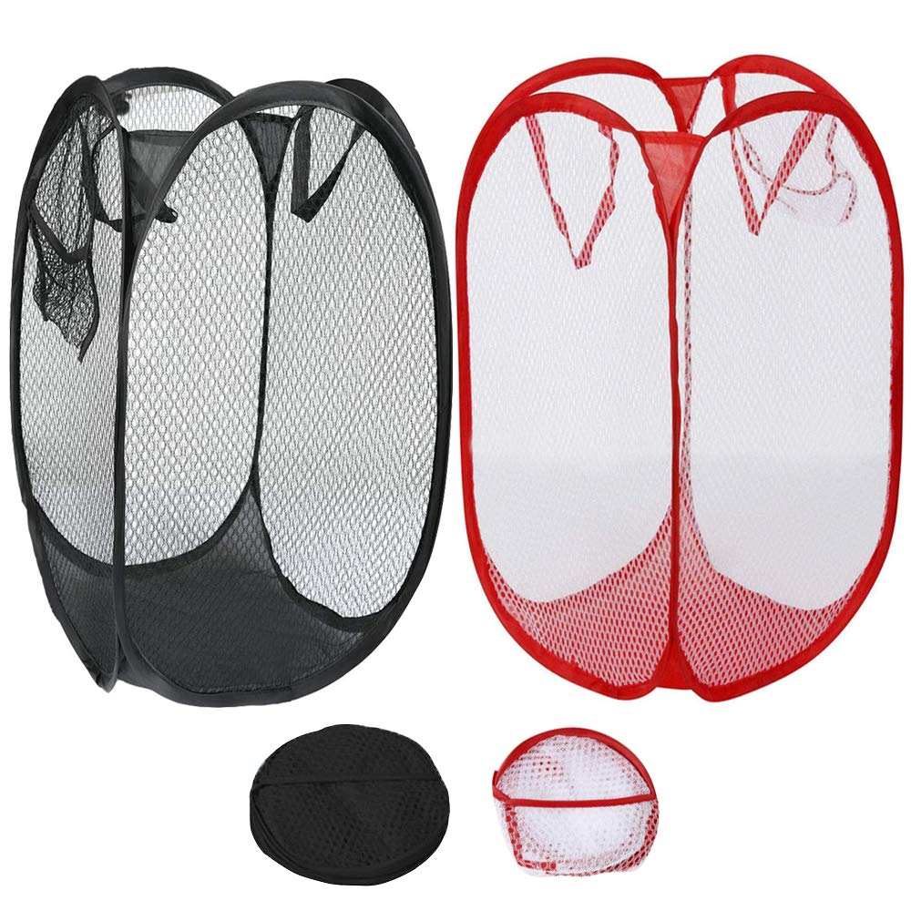 Qtopun Mesh Popup Laundry Hamper, Foldable 2 Pack Portable Dirty Clothes Basket Collapsible Dirty Clothes Hamper for Bedroom, Kids Room, College Dormitory and Travel (Black+White Red)