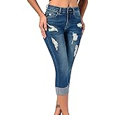 roswear Women's Ripped Stretchy Capri Jeans Mid Rise Cuffed Petite Denim Pants